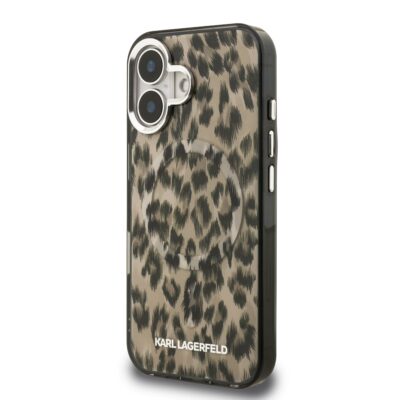 Rudas dėklas Karl Lagerfeld IML Leopard MagSafe telefonui Apple iPhone 16 su leopardo raštu