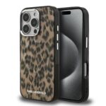 Rudas dėklas Karl Lagerfeld IML Leopard MagSafe telefonui Apple iPhone 16 Pro Max su leopardo raštu ir juodu šonu.