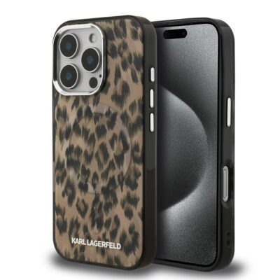 Rudas dėklas Karl Lagerfeld IML Leopard MagSafe telefonui Apple iPhone 16 Pro Max su leopardo raštu ir juodu šonu.