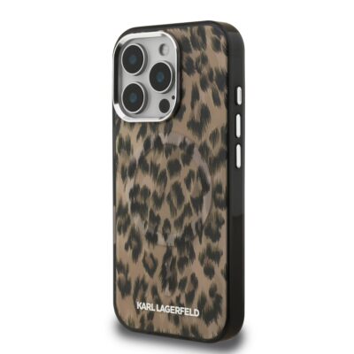 Rudas dėklas Karl Lagerfeld IML Leopard MagSafe telefonui Apple iPhone 16 Pro Max su leopardo raštu