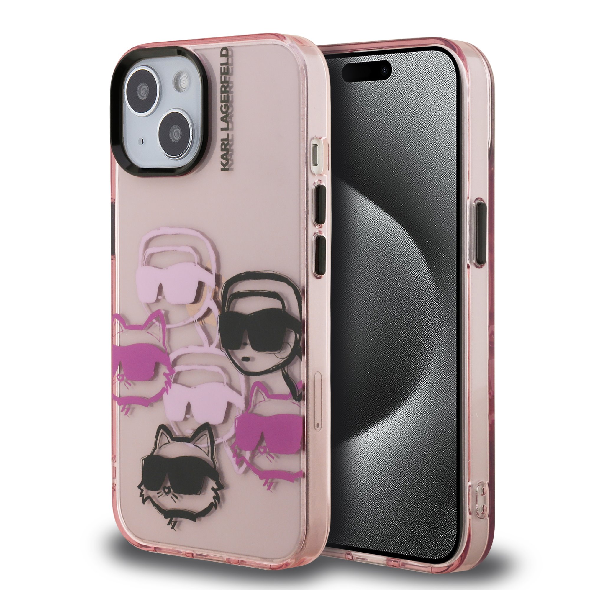 Rausvas dėklas telefonui Apple iPhone 15 Karl Lagerfeld IML Multi KCH Heads Rausvas dėklas telefonui Apple iPhone 15 Karl Lagerfeld IML Multi KCH Heads su piešiniais ir akiniais nuo saulės