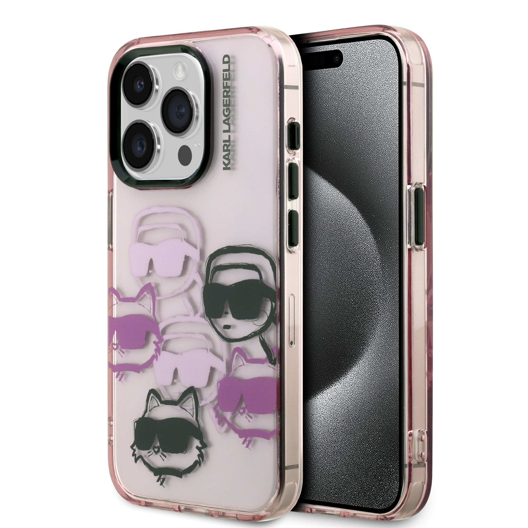 Rausvas dėklas telefonui Apple iPhone 15 Pro Karl Lagerfeld Rausvas dėklas telefonui Apple iPhone 15 Pro su Karl Lagerfeld galvų piešiniais