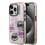 Rausvas dėklas telefonui Apple iPhone 15 Pro Max su Karl Lagerfeld ir katės piešiniais