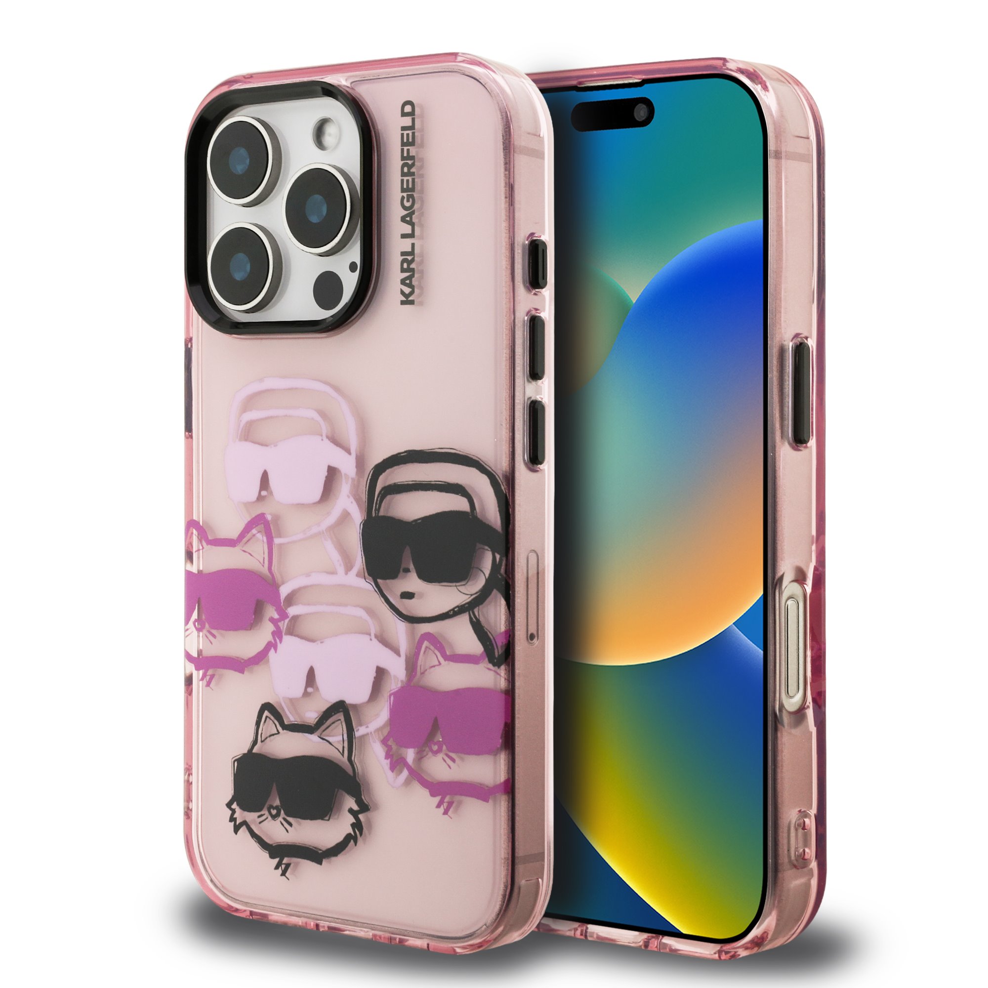 Rausvas dėklas telefonui Apple iPhone 16 Pro Max Karl Lagerfeld IML Multi K&CH Heads Rausvas dėklas telefonui Apple iPhone 16 Pro Max Karl Lagerfeld su įvairių spalvų ir formų personažais dėkle