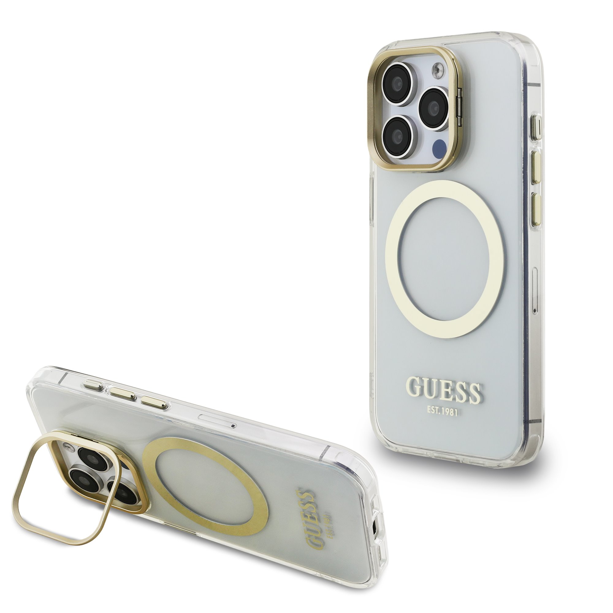 Skaidrus dėklas telefonui Apple iPhone 15 Pro Guess IML Gold Outline Stand Camera Frame MagSafe Skaidrus deklas telefonui Apple iPhone 15 Pro su auksinio spalvos rėmeliu aplink kameros modulį ir magsafe žiedu