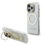 Skaidrus dėklas telefonui Apple iPhone 15 Pro Max Guess IML Gold Outline Stand Camera Frame MagSafe su auksiniu fotoaparato rėmeliu ir magnetiniu žiedu