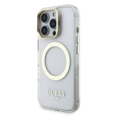 Skaidrus dėklas telefonui Apple iPhone 16 Pro Guess IML Gold Outline Stand Camera Frame MagSafe su auksiniu kameros rėmeliu