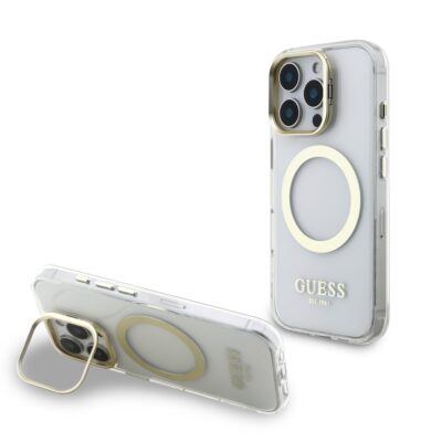 skaidrus deklas telefonui apple iphone 16 pro max guess iml gold outline stand camera frame magsafe su geltonu raktu