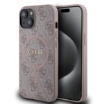 Rausvas originalus deklas Guess 4G telefonui Apple Iphone 14 su teksturiniu pavirsiu ir auksiniu uzrasu