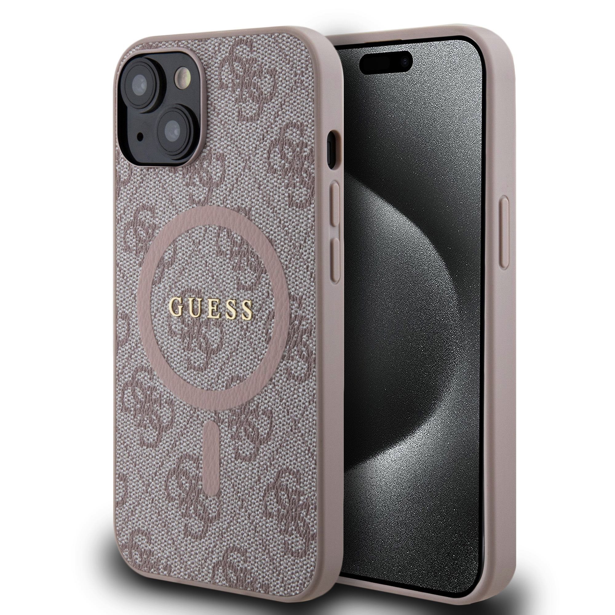 Rausvas originalus deklas Guess 4G telefonui Apple Iphone 14 Rausvas originalus deklas Guess 4G telefonui Apple Iphone 14 su teksturiniu pavirsiu ir auksiniu uzrasu