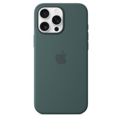 Žalias originalus dėklasMA7V4ZM/A Silicone Cover Magsafe telefonui Apple iPhone 16 Pro Max rodomas iš nugarėlės pusės