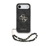 Juodas dėklas telefonui Apple Iphone 17 Air Guess PU 4G Metal Logo Strap su metalo logotipu ir juodais karoliukais
