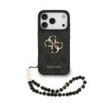 Juodas dėklas telefonui Apple Iphone 17 Pro su metaliniu Guess logotipu ir karoliukų dirželiu