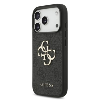 Juodas dėklas telefonui Apple Iphone 17 Pro Guess PU 4G Metal Logo Strap su metaliniu logotipu ir tekstūra