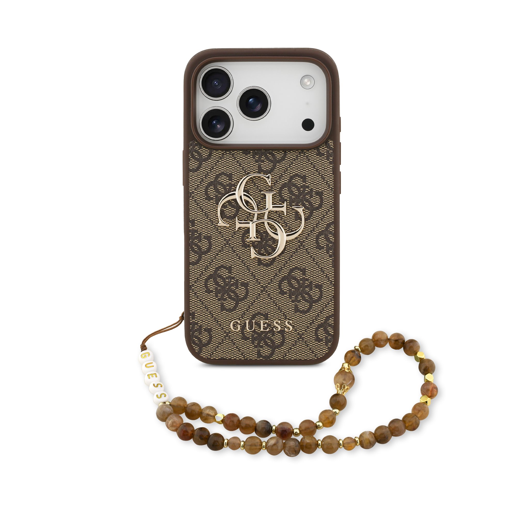 Rudas dėklas telefonui Apple Iphone 17 Pro Guess PU 4G Metal Logo Strap Rudas dėklas telefonui Apple Iphone 17 Pro Guess PU 4G Metal Logo Strap su metaliniu logotipu ir karoliukų dirželiu