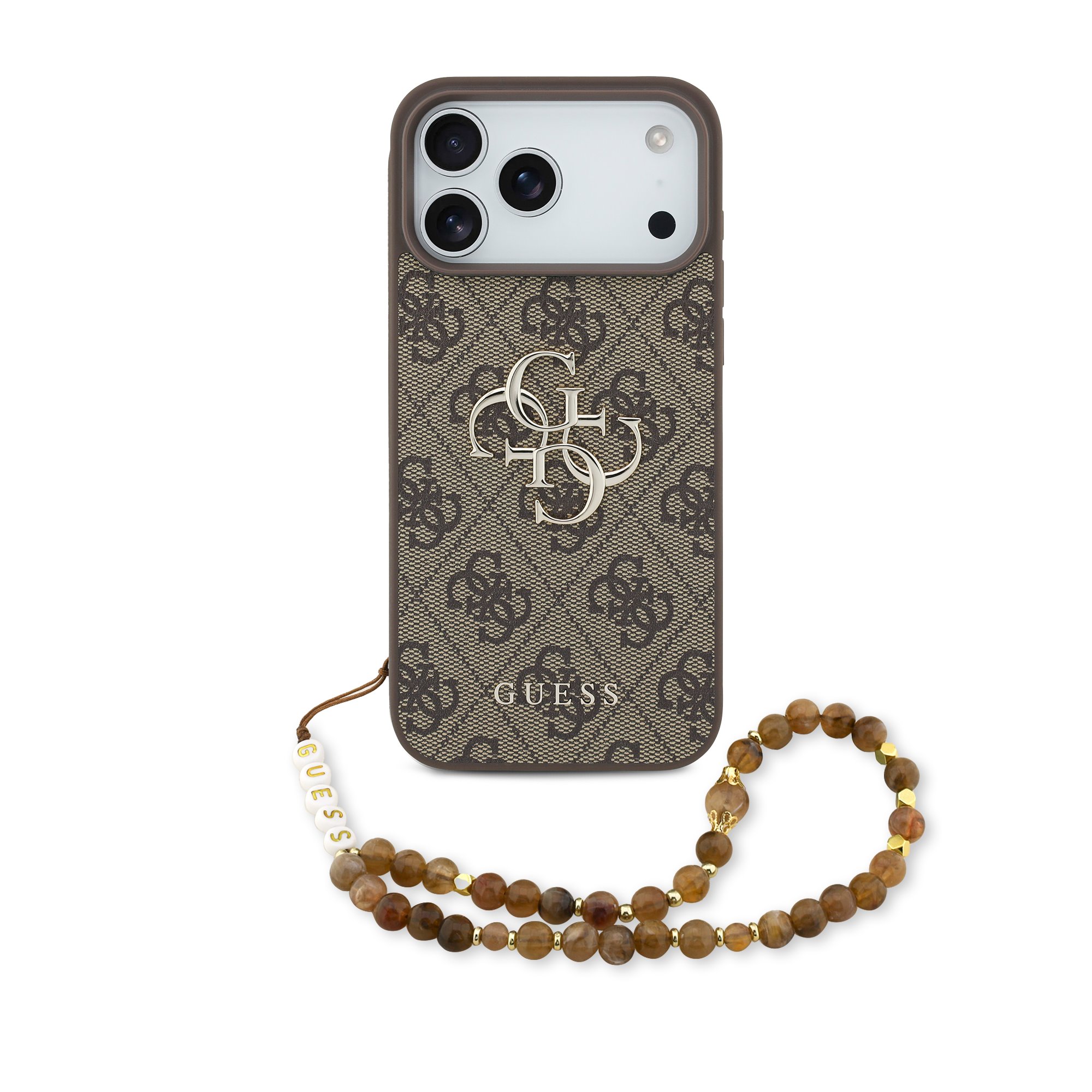 Rudas dėklas telefonui Apple Iphone 17 Pro Max Guess PU 4G Metal Logo Strap Rudas dėklas telefonui Apple Iphone 17 Pro Max Guess PU su metaliniu logotipu ir karoliukų dirželiu