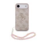 Rausvas dėklas telefonui Apple Iphone 17 Air Guess PU Metal Logo su rožinių karoliukų dirželiu