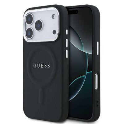 Juodas originalus dėklas Guess PU Saffiano MagSafe telefonui Apple Iphone 17 Pro su trimis kameromis