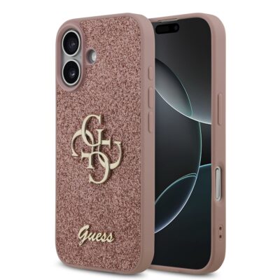 Rausvas originalus dėklas Guess PU Fixed Glitter su metaliniu ženkleliu telefonui Apple iPhone 17