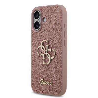 Rausvas originalus dėklas Guess PU Fixed Glitter 4G Metal Logo telefonui Apple iPhone 17 su blizgiu paviršiumi