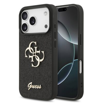Juodas originalus dėklas Guess PU Fixed Glitter 4G Metal Logo telefonui Apple iPhone 17 Pro su tekstūra ir metaliniu logotipu