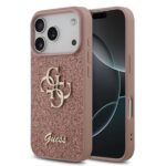 Rausvas originalus dėklas Guess PU Fixed Glitter 4G Metal Logo telefonui Apple iPhone 17 Pro su blizgiu paviršiumi ir metaliniu logotipu