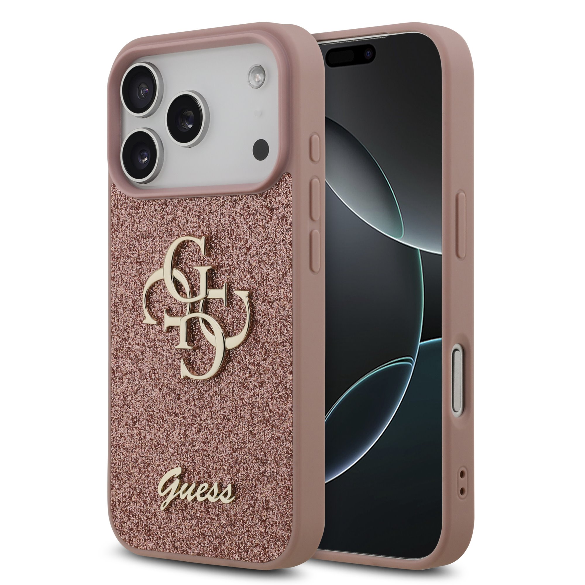 Rausvas originalus dėklas Guess PU Fixed Glitter 4G Metal Logo telefonui Apple iPhone 17 Pro Rausvas originalus dėklas Guess PU Fixed Glitter 4G Metal Logo telefonui Apple iPhone 17 Pro su blizgiu paviršiumi ir metaliniu logotipu