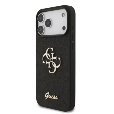 Juodas originalus dėklas Guess PU Fixed Glitter 4G Metal Logo telefonui Apple Iphone 17 Pro Max su blizgiu paviršiumi ir metaliniu logotipu