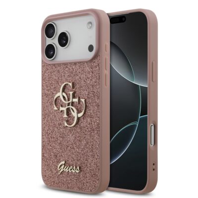 Rausvas originalus dėklas Guess PU Fixed Glitter 4G Metal Logo telefonui Apple Iphone 17 Pro Max su blizgiu paviršiumi ir metaliniu logotipu