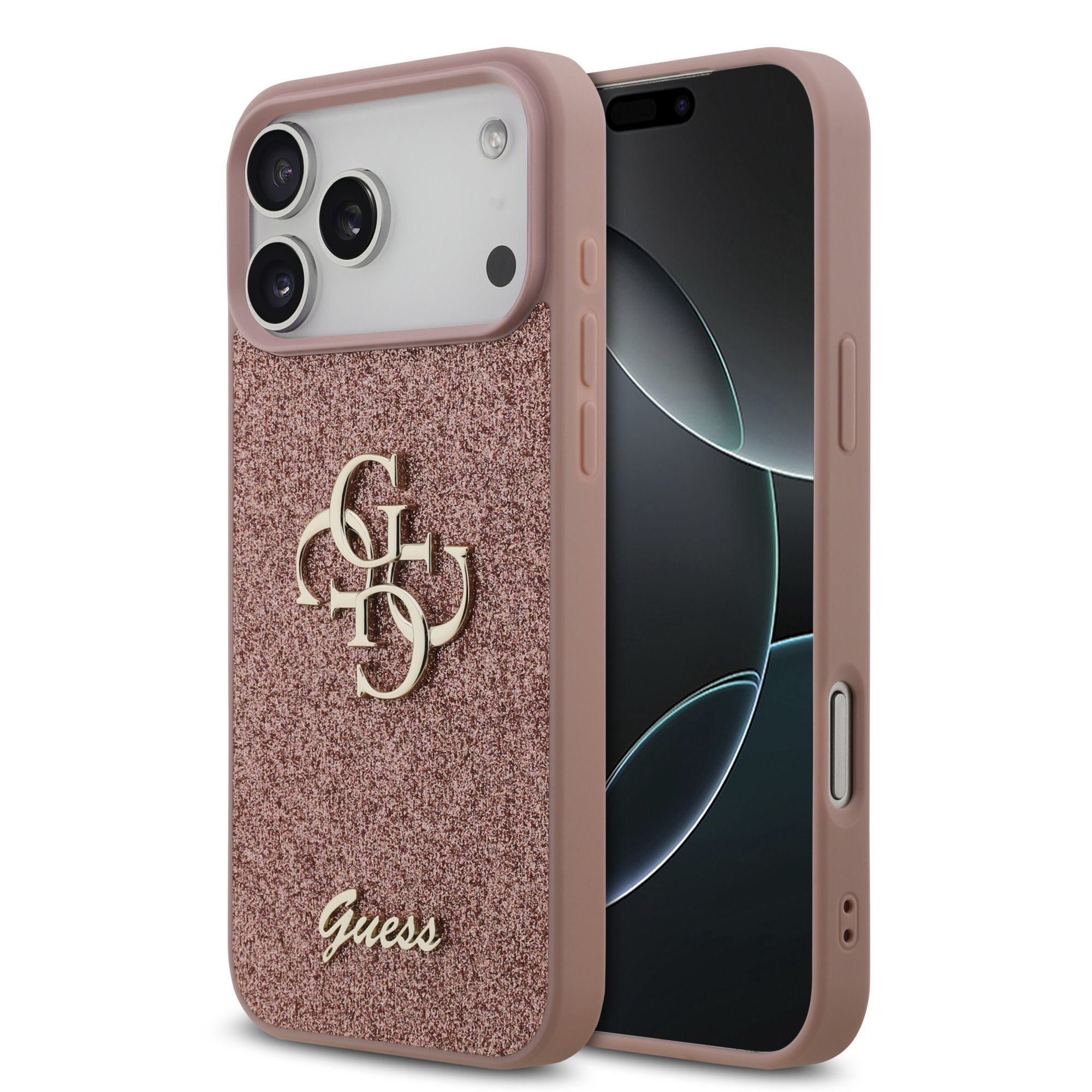 Rausvas originalus dėklas Guess PU Fixed Glitter 4G Metal Logo Rausvas originalus dėklas Guess PU Fixed Glitter 4G Metal Logo telefonui Apple Iphone 17 Pro Max su blizgiu paviršiumi ir metaliniu logotipu