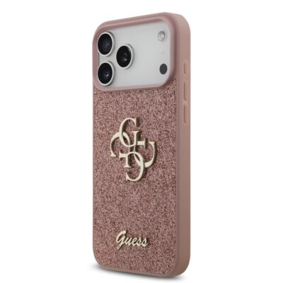 Rausvas originalus dėklas Guess PU Fixed Glitter su metaliniu logotipu Apple iPhone 17 Pro Max