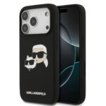 Juodas dėklas telefonui Apple Iphone 17 Pro Karl Lagerfeld Liquid Silicone Double Heads MagSafe su animuotais personažais ir logotipu
