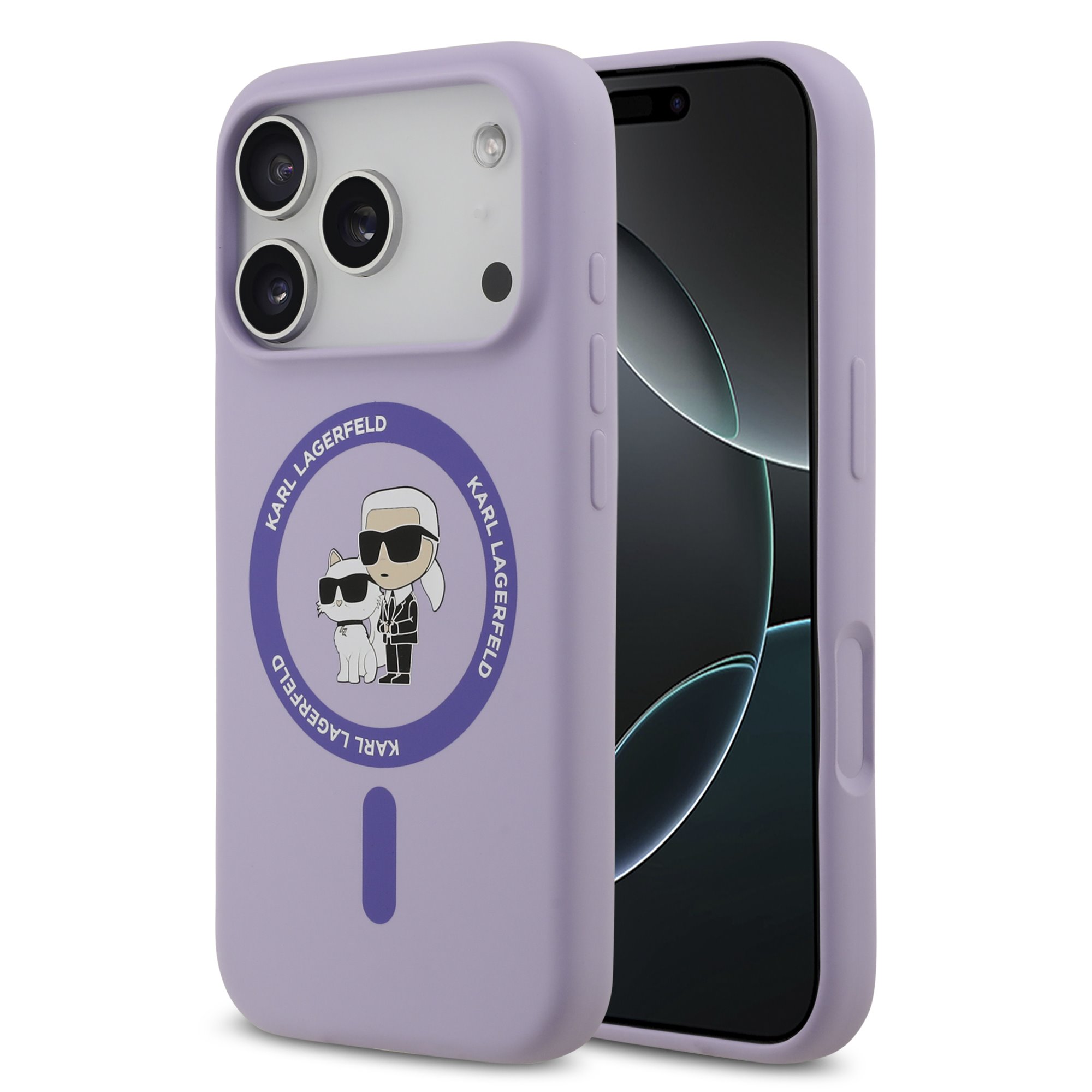 Purpurinis dėklas Karl Lagerfeld Liquid Silicone Karl and Choupette MagSafe telefonui Apple Iphone 17 Pro Purpurinis dėklas Karl Lagerfeld Liquid Silicone Karl and Choupette MagSafe telefonui Apple Iphone 17 Pro su lipduku