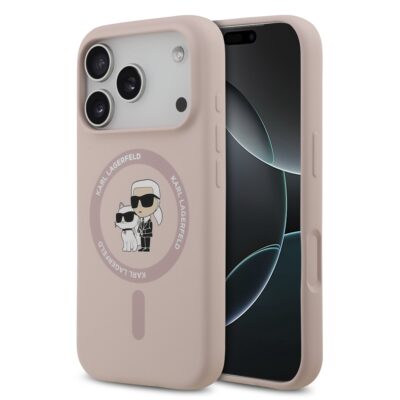 Rausvas dėklas Karl Lagerfeld Liquid Silicone Karl and Choupette MagSafe telefonui Apple Iphone 17 Pro su animaciniu piešiniu