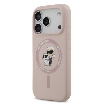 Rausvas dėklas Karl Lagerfeld Liquid Silicone Karl and Choupette MagSafe telefonui Apple Iphone 17 Pro su piešinuku