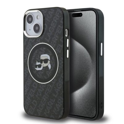 Juodas dėklas KKarl Lagerfeld su kartojamu logotipu telefonui Apple iPhone 15