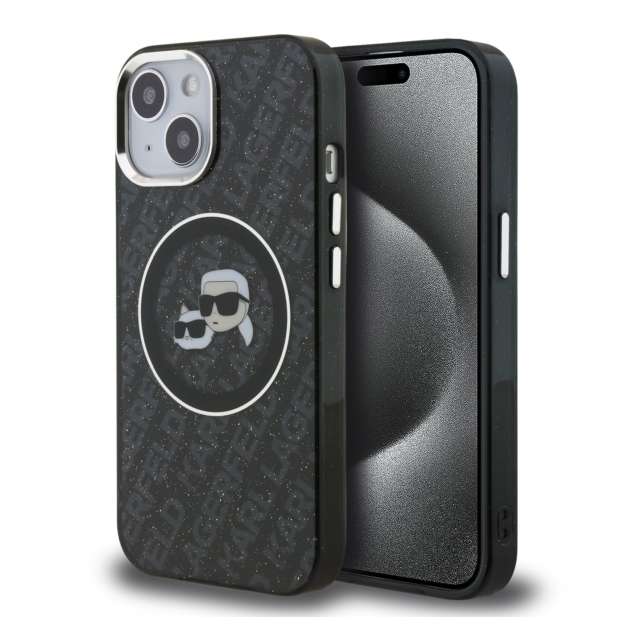 Juodas dėklas KKarl Lagerfeld IML K&CH Heads Repeated Logo MagSafe telefonui Apple iPhone 15 Juodas dėklas KKarl Lagerfeld su kartojamu logotipu telefonui Apple iPhone 15