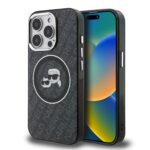 Juodas dėklas KKarl Lagerfeld IML KCH Heads Repeated Logo MagSafe telefonui Apple iPhone 15 Pro Max su pilkais logotipais