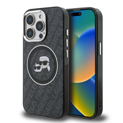 Juodas dėklas KKarl Lagerfeld IML KCH Heads Repeated Logo MagSafe telefonui Apple iPhone 15 Pro Max su pilkais logotipais