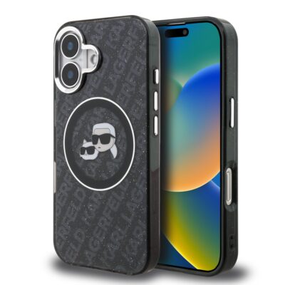 Juodas dėklas KKarl Lagerfeld IML KCH Heads Repeated Logo MagSafe telefonui Apple iPhone 16 su animaciniu piešiniu ir logotipu