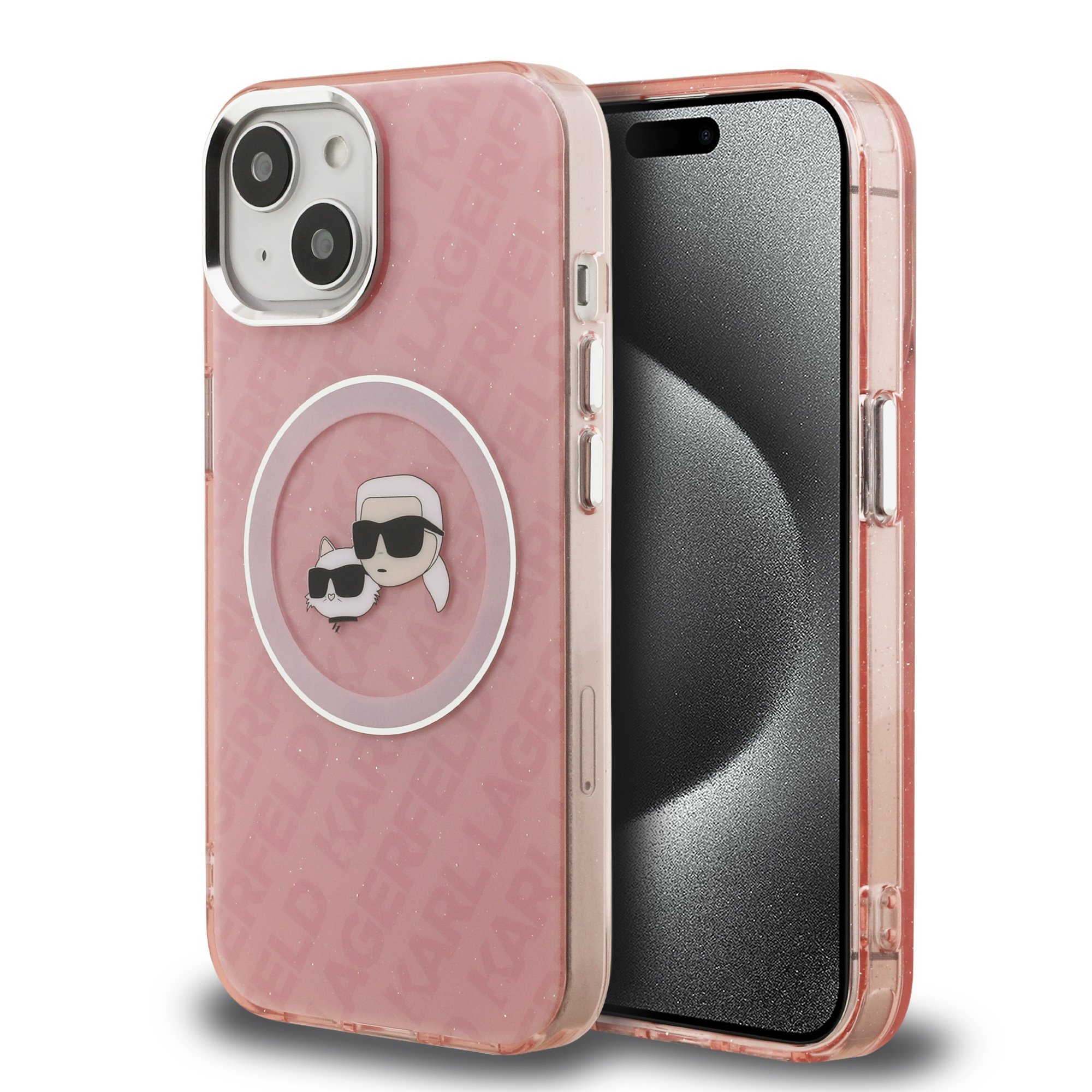 Rausvas dėklas Karl Lagerfeld iPhone 15 Rausvas dėklas Karl Lagerfeld iPhone 15 su kartais pakartojamu logotipu ir MagSafe žiedu