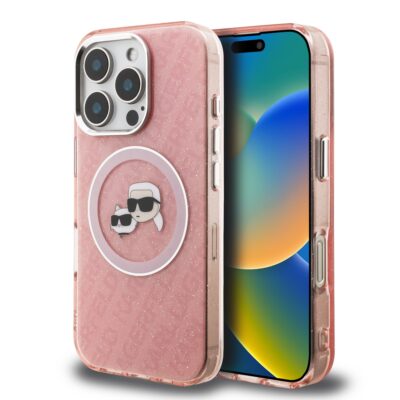 Rausvas dėklas Karl Lagerfeld iPhone 16 Pro telefonui su IML KCH logotipu ir MagSafe žiedu