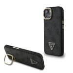 Juodas dėklas Guess PU 4G Strass Triangle Logo Stand telefonui Apple Iphone 13 su išskirtiniu trikampio logotipu ir aukso spalvos stovu