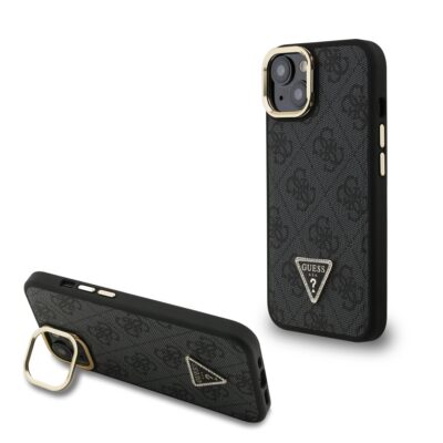Juodas dėklas Guess PU 4G Strass Triangle Logo Stand Camera Frame MagSafe telefonui Apple Iphone 15 su trikampiu logotipu ir laikikliu