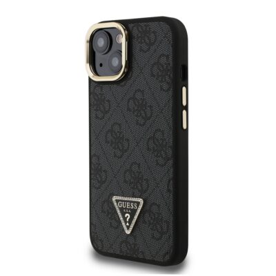 Juodas dėklas Guess PU 4G Strass Triangle Logo Stand Camera Frame MagSafe telefonui Apple Iphone 15 su raštu ir auksiniu kameros rėmeliu