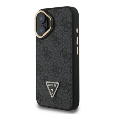 Juodas dėklas Guess PU 4G Strass Triangle Logo Stand Camera Frame MagSafe skirtas Apple Iphone 16