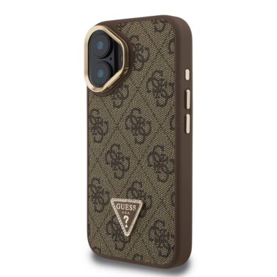 Rudas dėklas Guess PU 4G Strass Triangle Logo Stand Camera Frame MagSafe Apple Iphone 16 telefonui