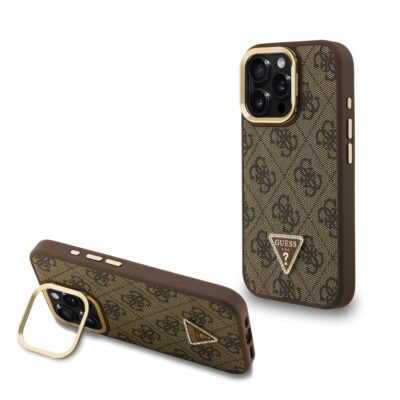 Rudas dėklas Guess PU 4G su trikampio formos logotipu ant Apple iPhone 16 Pro