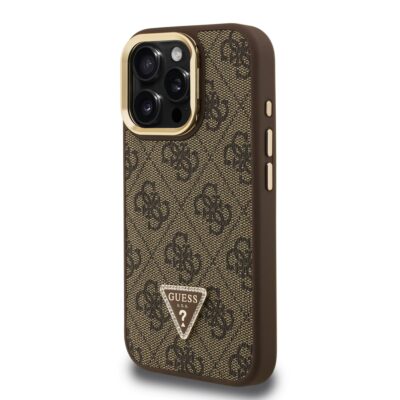 Rudas dėklas Guess PU 4G Strass Triangle Logo telefonui Apple Iphone 16 Pro su raštu ir metaline apdaila