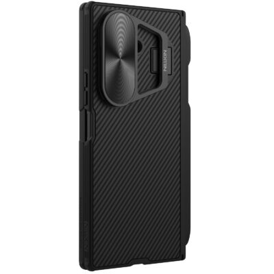 Juodas dėklas Nillkin CamShield Prop Pen Slot telefonui Samsung Galaxy Z Fold 7 su trikampiu laikikliu ir dryžuotu paviršiumi
